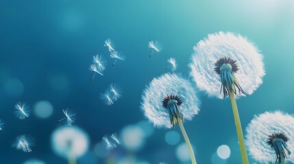 Obraz premium Dandelion Seeds Blowing in the Wind on Blue Background