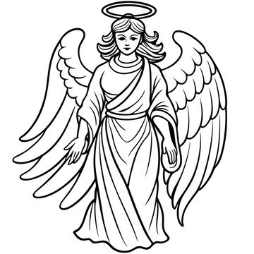 recommend clip art: A delicate angel with a halo, wings, and a flowing robe, drawing in soft, flowing lines line art vector