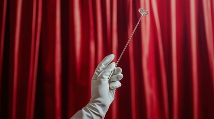 A pair of white magician&rsquo;s gloves holding a wand, set against a dramatic stage curtain background for a performance-ready look