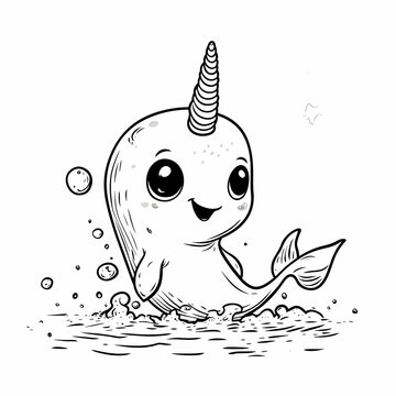 recommend clip art: Cute Narwhal Illustration with Bubbles in the Ocean