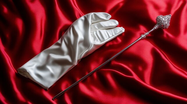 A magician's white gloves next to a sparkling wand, isolated on a deep red silk background for an elegant, luxurious magic accessory look