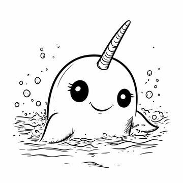 recommend clip art: Cute Cartoon Narwhal Illustration in Water