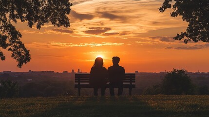 Couple watching a vibrant sunset together from a park bench in the city during a warm evening in the summer