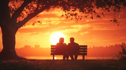 Couple watching a vibrant sunset together from a park bench in the city during a warm evening in the summer