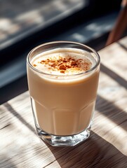iced latte in a glass in a cafe. latte coffee by the window in a cozy cafe. sunlight. minimal background, sun rays with shadows. Copy space.