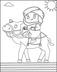 Coloring pages of an Arabian man on a camel in the desert against the sun illustration.
