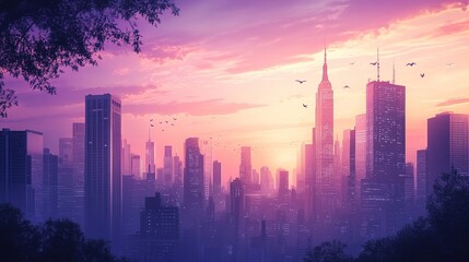 Fototapeta premium Stunning sunset over a vibrant city skyline showcasing towering buildings and colorful clouds at twilight