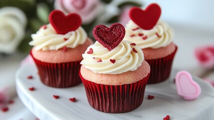 Deliciously decorated chocolate cupcakes with heart-shaped toppings in a cozy bakery setting