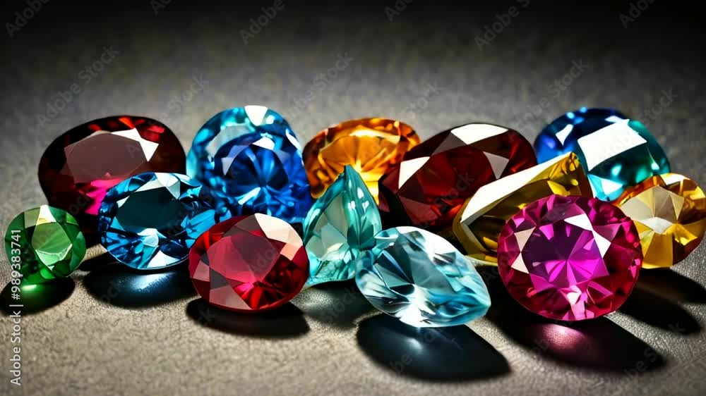 Poster brilliant display of colorful gemstones sparkling under soft lighting in a creative arrangement
