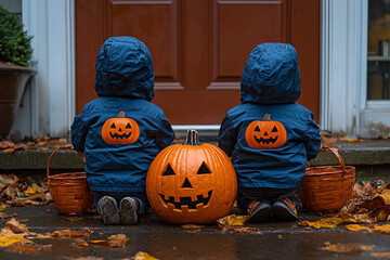 Kids in Halloween costumes with pumpkin-shaped baskets stand outside a door, eagerly waiting to collect candy and treats.

