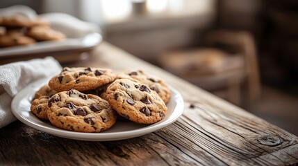 Close-up of chocolate chip cookies on a white plate on a rustic wooden table.