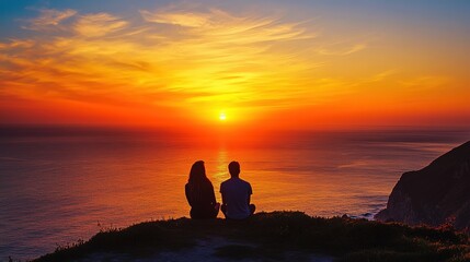 A romantic sunset overlooking the ocean highlights golden skies and silhouettes of a couple on a cliff in the evening