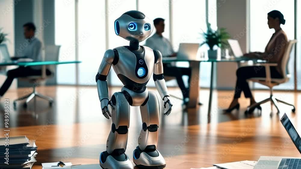 Poster Robotic Assistant Showcases Its Capabilities in a Modern Office Setting During a Busy Workday