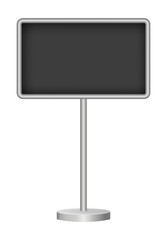 Fototapeta premium Black signboard with metal pole isolated on a transparent background. Rectangular signpost. 3D metal roadside pointer. Blank billboard