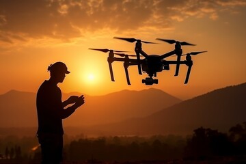 Silhouette of a soldier operating drones for tactical combat and reconnaissance missions