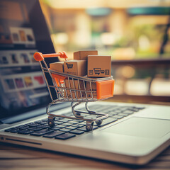Shopping cart on a laptop displaying a website, e-business site