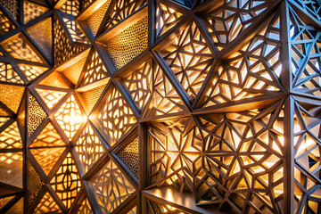 Fototapeta premium A large, intricate design made of wood with many small holes. The design is illuminated by light, creating a warm and inviting atmosphere. Scene is one of elegance and sophistication