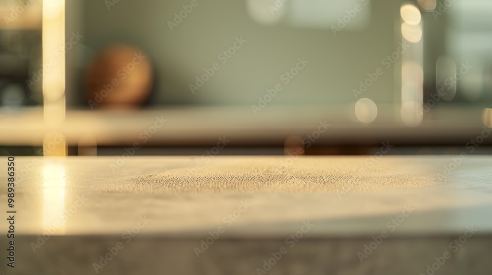 Aufkleber Minimalist Soft Beige Concrete Table Surface with Blurred Modern Indoor Setting and Bokeh Effect