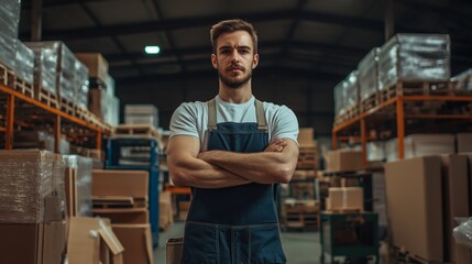 Obraz premium delivery express service staff a man with confidence smiling at warehouse full of parcels boxes