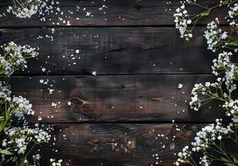 Fototapeta premium Dark Wooden Background with White Flowers Border