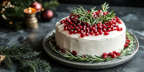Festive cheesecake topped with fresh pomegranate seeds, cranberries, and rosemary sprigs on a dark  background
