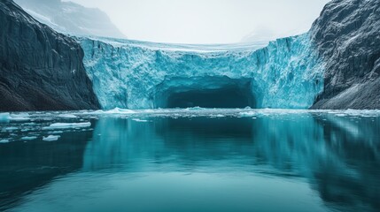 Majestic Ice Cave with Pristine Blue Waters Surrounded by Towering Glacial Walls in a Serene Arctic Landscape