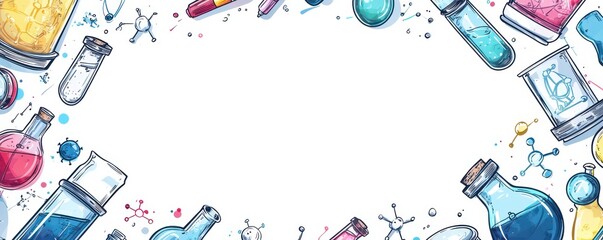 Blank white page surrounded by illustrated scientific equipment and chemical elements in a colorful and creative design