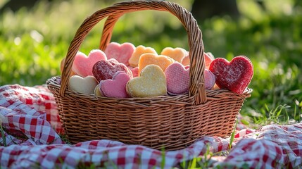Colorful heart-shaped cookies in a rustic woven basket resting on a picnic blanket in a sunny green park