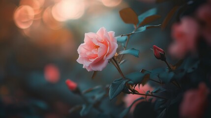 Obraz premium pink rose flower blossoming with twilight light, serene and tranquil nature background