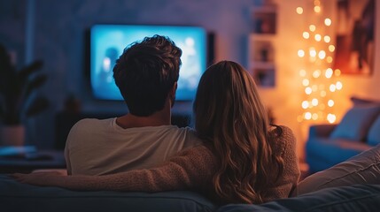 Naklejka premium Couple enjoying a cozy movie night together in a softly lit living room with warm colors on screen and a romantic ambiance