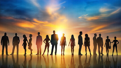 Fototapeta premium Silhouettes of diverse people against a vibrant sunset background