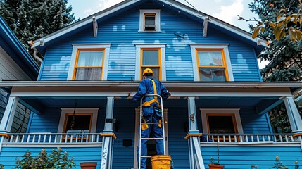 Painter applying fresh blue paint to a charming house on a sunny day in a residential neighborhood