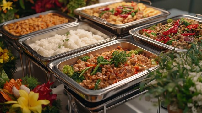 various type of Thai food menu serve as buffet in metal tray for banquet