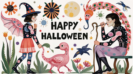 Celebrating Halloween with Fantasy & Magic.  A Magical Halloween Gathering: Whimsical Characters and Creatures Celebrate Halloween in a Fantastical Garden.