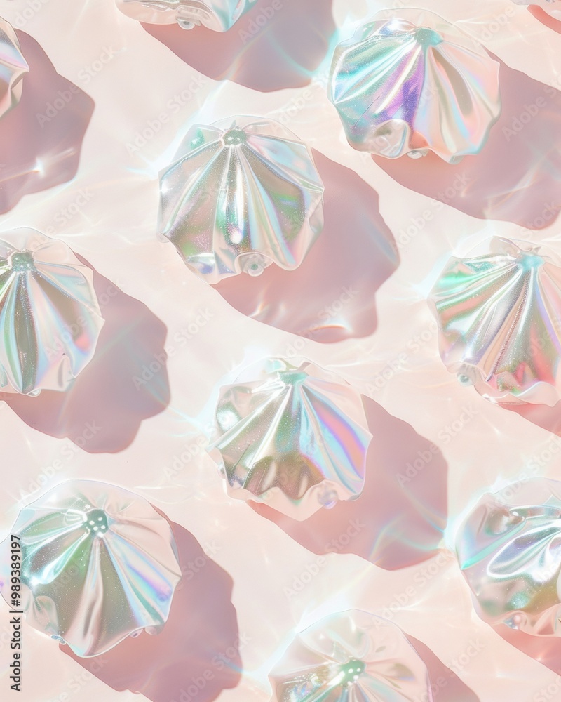 Poster Holographic Silver Dresses on Soft White Background in Bright Pastel Color Scheme – Clean and Simple Repetitive Pattern Stock