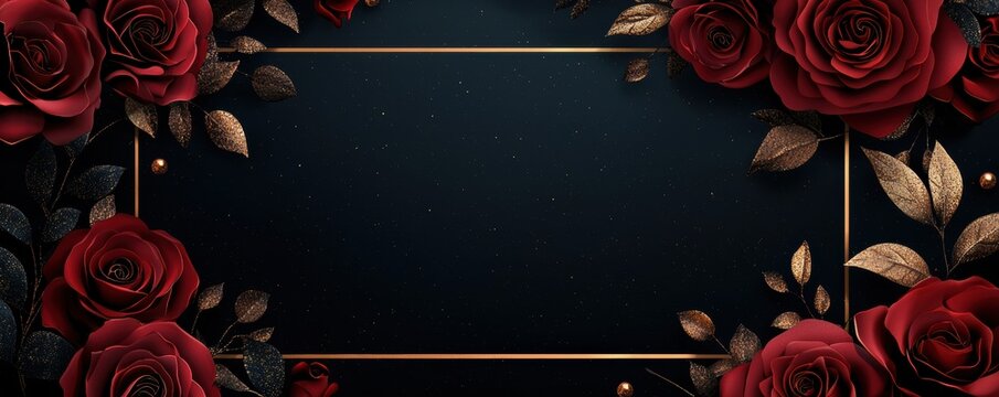 Luxurious burgundy rose and gold frame on a dark background creating an elegant and sophisticated design
