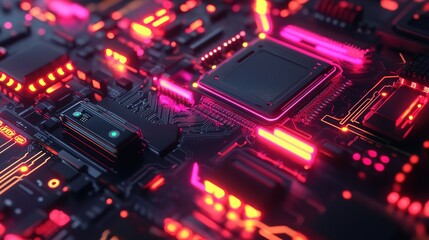 Obraz premium Close-up view of a high-tech circuit board illuminated by orange lights showcasing intricate components and connections at night