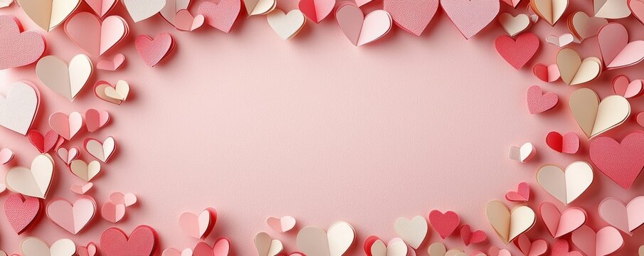 Decorative card with pink paper hearts and empty space in the center for valentines, wedding, or love themed messages