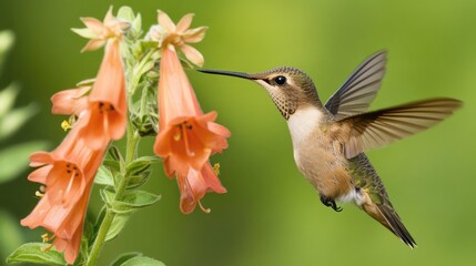 Fototapeta premium Hummingbird in Flight, Hovering Near Orange Flowers