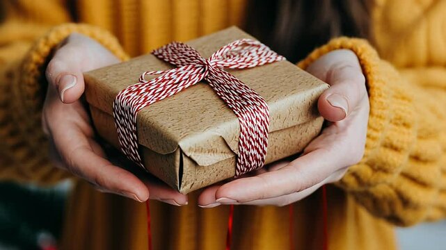 A person wearing a knitted sweater presents a beautifully wrapped gift tied with red and white twine, creating a festive atmosphere perfect for the holidays.