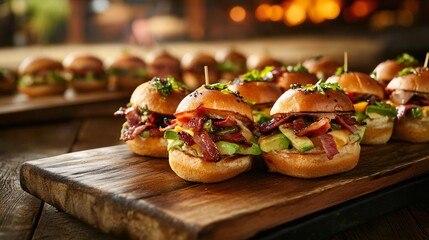 Closeup of gourmet mini burgers with bacon, avocado, and cheese on a wooden board.