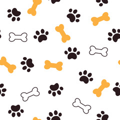  Pet paw footprint seamless pattern. Dog paw print and bone on white background. It can be used for wallpapers, wrapping, cards, patterns for clothes and other.