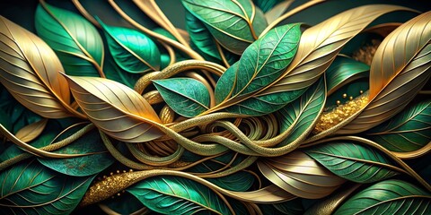 Emerald and Gold Leaves Abstract, foliage, nature