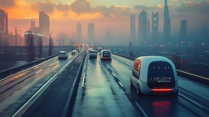 Urban landscape with self-driving vehicles on a rainy highway at dusk, surrounded by modern skyscrapers and vibrant city lights
