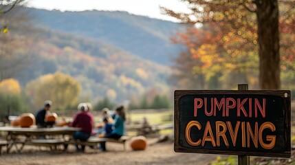 Fall Festival - Halloween carnival - mountains - sign that reads “PUMPKIN CARVING”  picnic table - family - autumn - foliage - trees - outing 