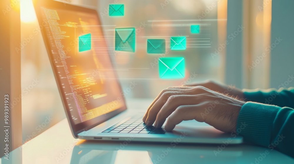 Aufkleber man typing on laptop with floating email icons in sunlit office - concept of email marketing and onl