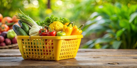 Fresh Vegetables in Yellow Basket on Wooden Table, Green Background, Healthy Eating, Food Photography