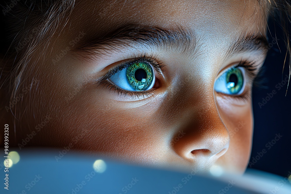 Poster A hyper-realistic close-up of a childâ€™s face while reading, showing every detail of their expression as they are captivated by the story