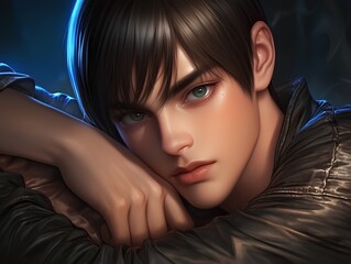 Naklejka premium A close-up portrait of a person resting their chin on their arms, wearing a dark leather jacket, with soft blue lighting in the background.