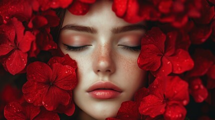 close up pretty woman face wearing light make up surround with red flowers petals, facial fashion portrait  cheerful and sensual concept